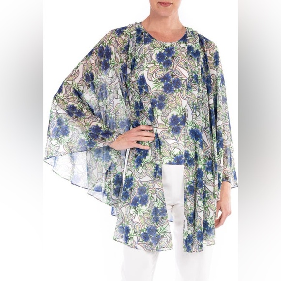 Badgley Mischka • Georgette Paisley Printed Blue Green Cape Top Sz Small Boho - Picture 3 of 10